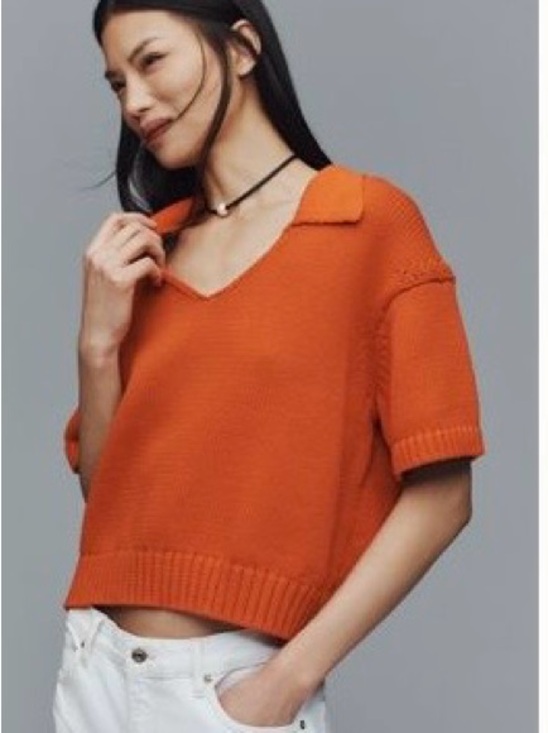 Maeve Tops - Maeve Orange Collared V-Neck Short Sleeve Sweater